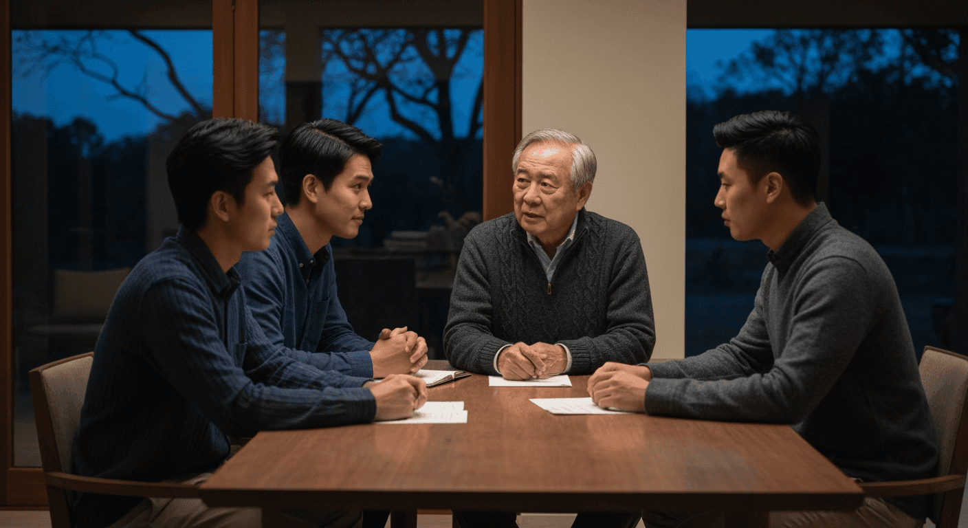 Father talking with his sons at a kitchen table