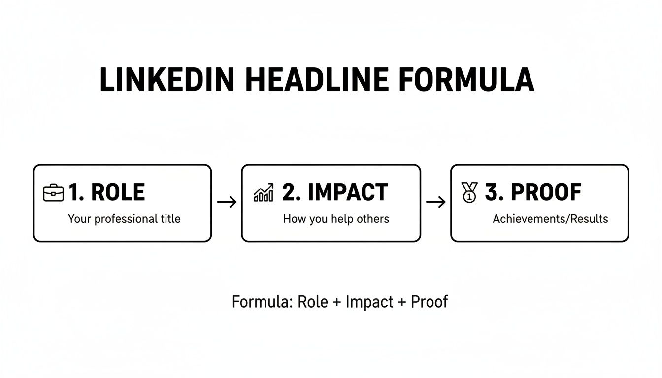 Diagram showing the LinkedIn Headline Formula: Role, Impact, and Proof, with descriptions.