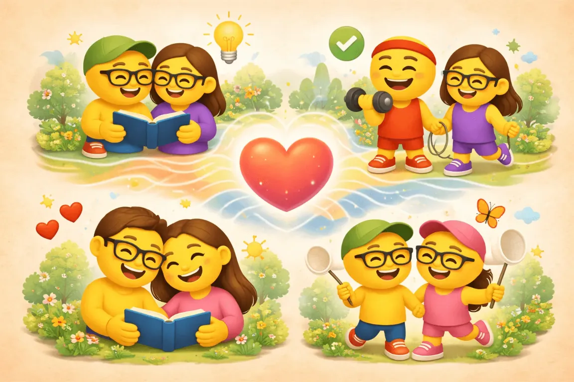 Совместимость пары по биоритмам — иллюстрация с несколькими парами, показывающая физическую, эмоциональную и интеллектуальную гармонию