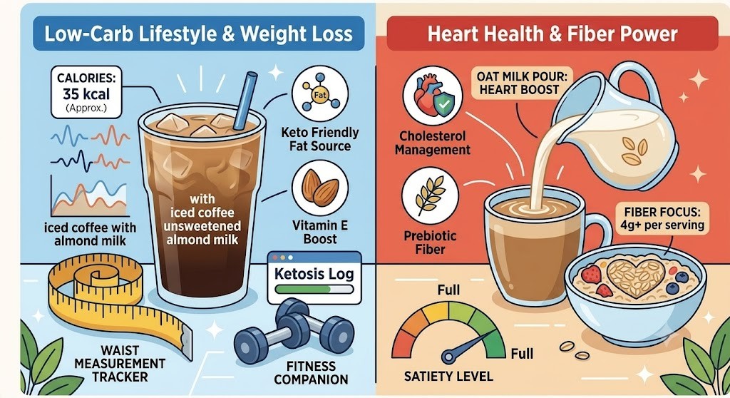 A vertical split infographic comparison: left side focuses on low-carb weight loss with iced almond milk coffee, calorie tracking, and exercise icons; right side focuses on heart health and fiber with a warm oat milk coffee, oatmeal bowl, and cholesterol management icons.