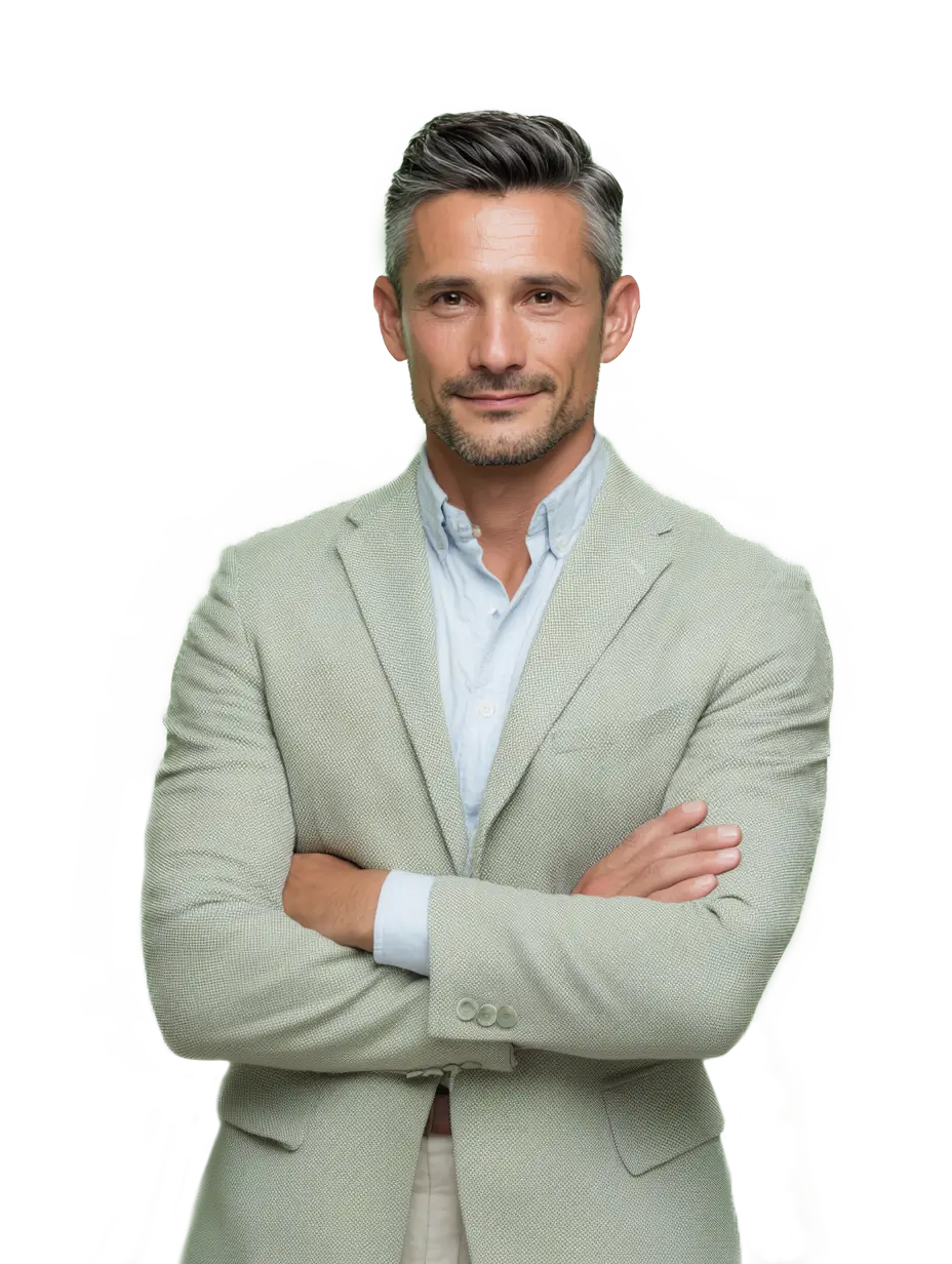 Portrait d'un homme en costume vert clair., dirigeant de PME.