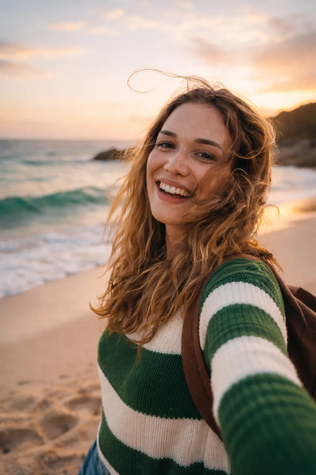 Neura Health Smiling woman on a beach by the ocean at sunset.