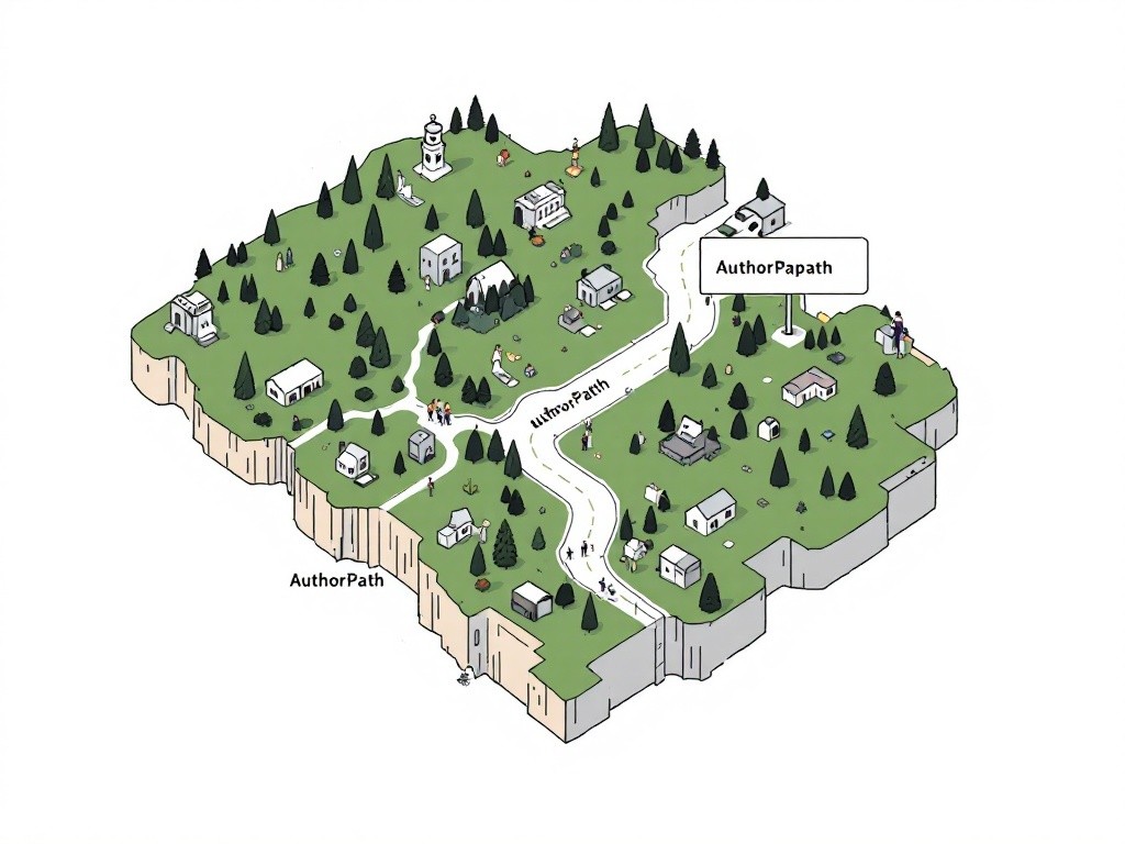 Isometric illustration of AuthorPapath, a place with houses, trees, roads, and people.