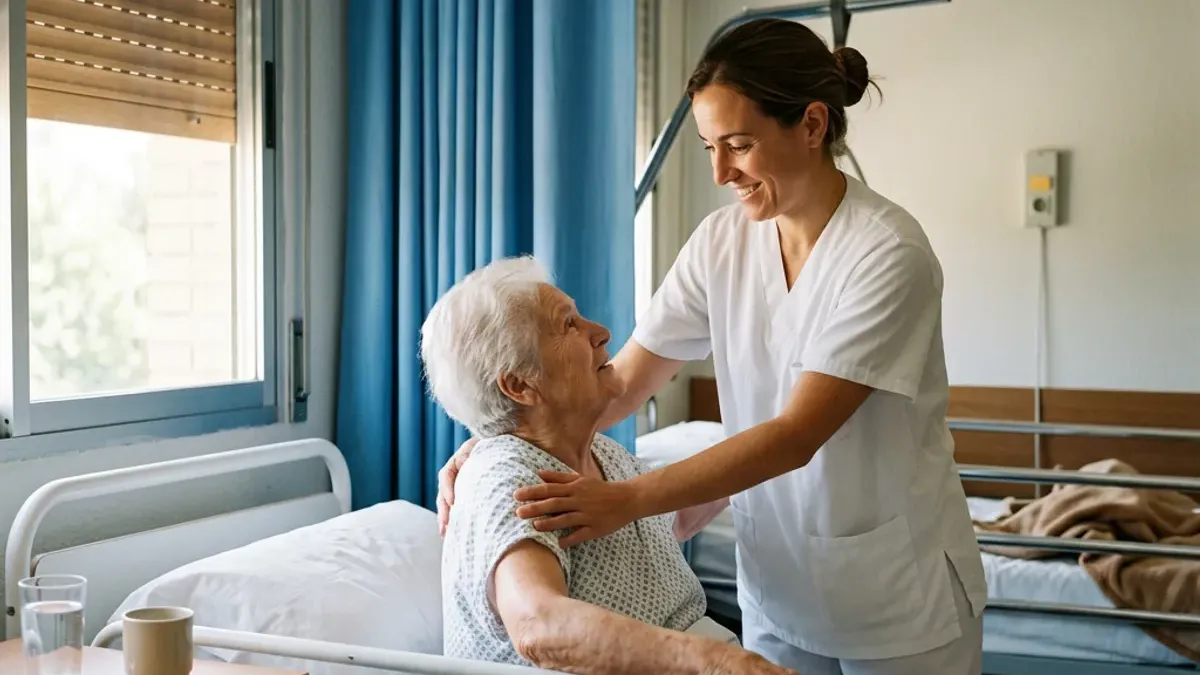 Técnica en cuidados auxiliares de enfermería ayuda a incorporarse a una paciente mayor en una habitación de hospital