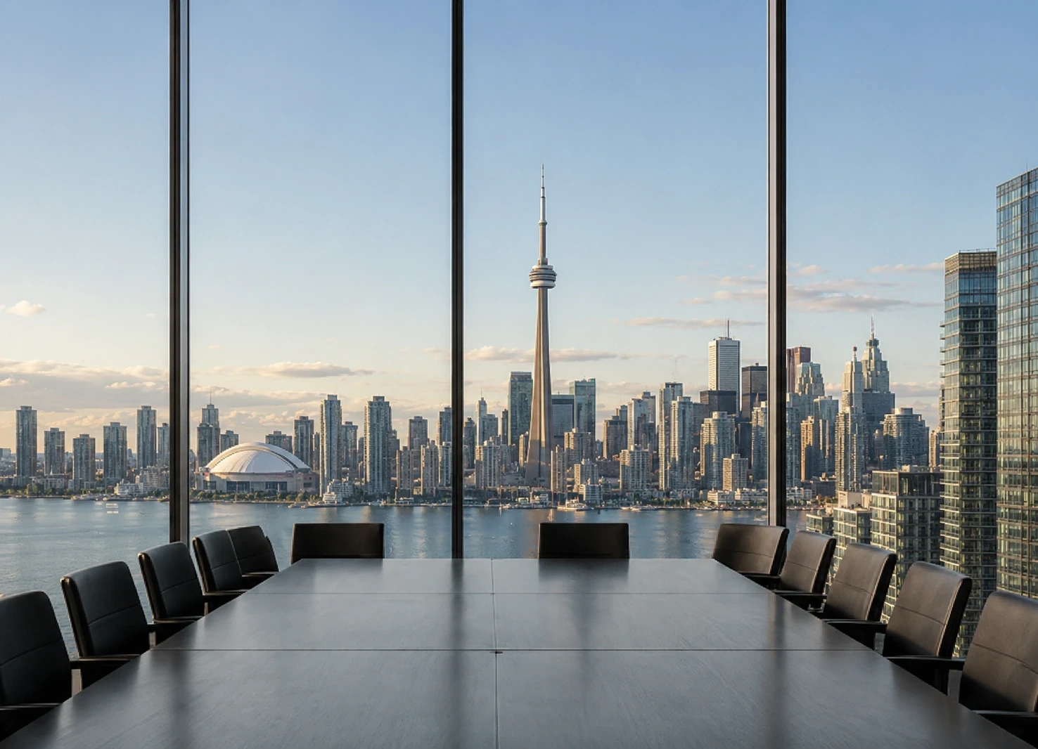 Toronto skyline viewed through a boardroom’s floor-to-ceiling windows, featuring the CN Tower and waterfront at sunset.