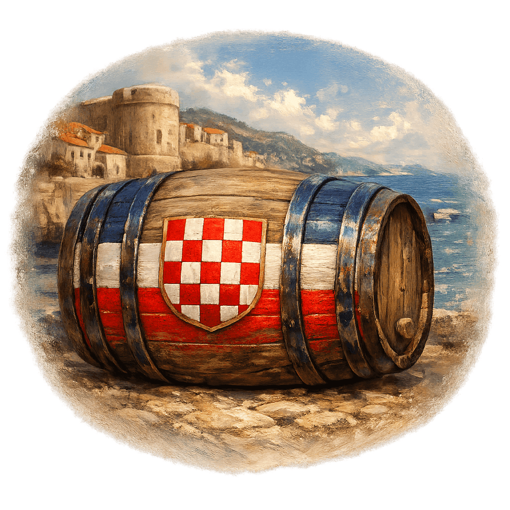Wine barrel featuring the Croatia national emblem for regional wine education.