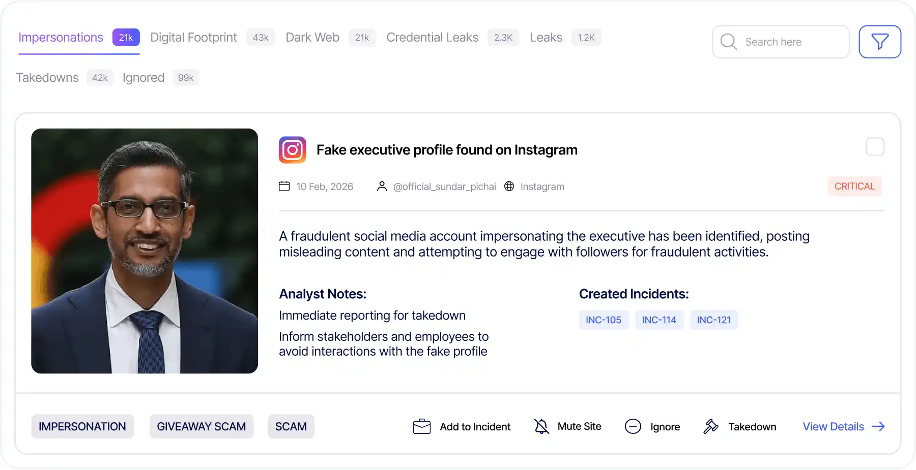RiskProfiler detecting fake executive profile on Instagram flagged as critical