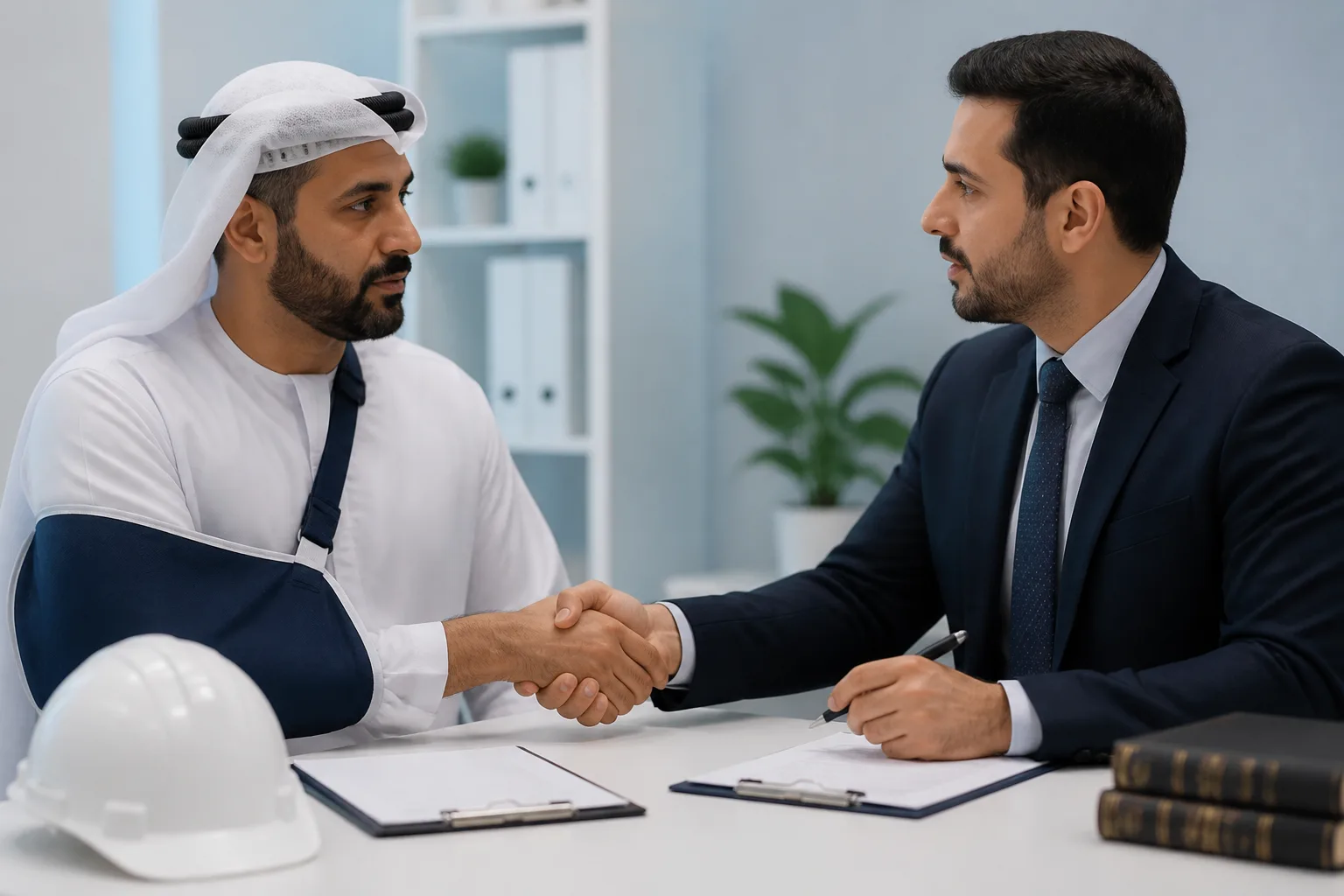 Safety helmet beside a medical clipboard and UAE work injury compensation document