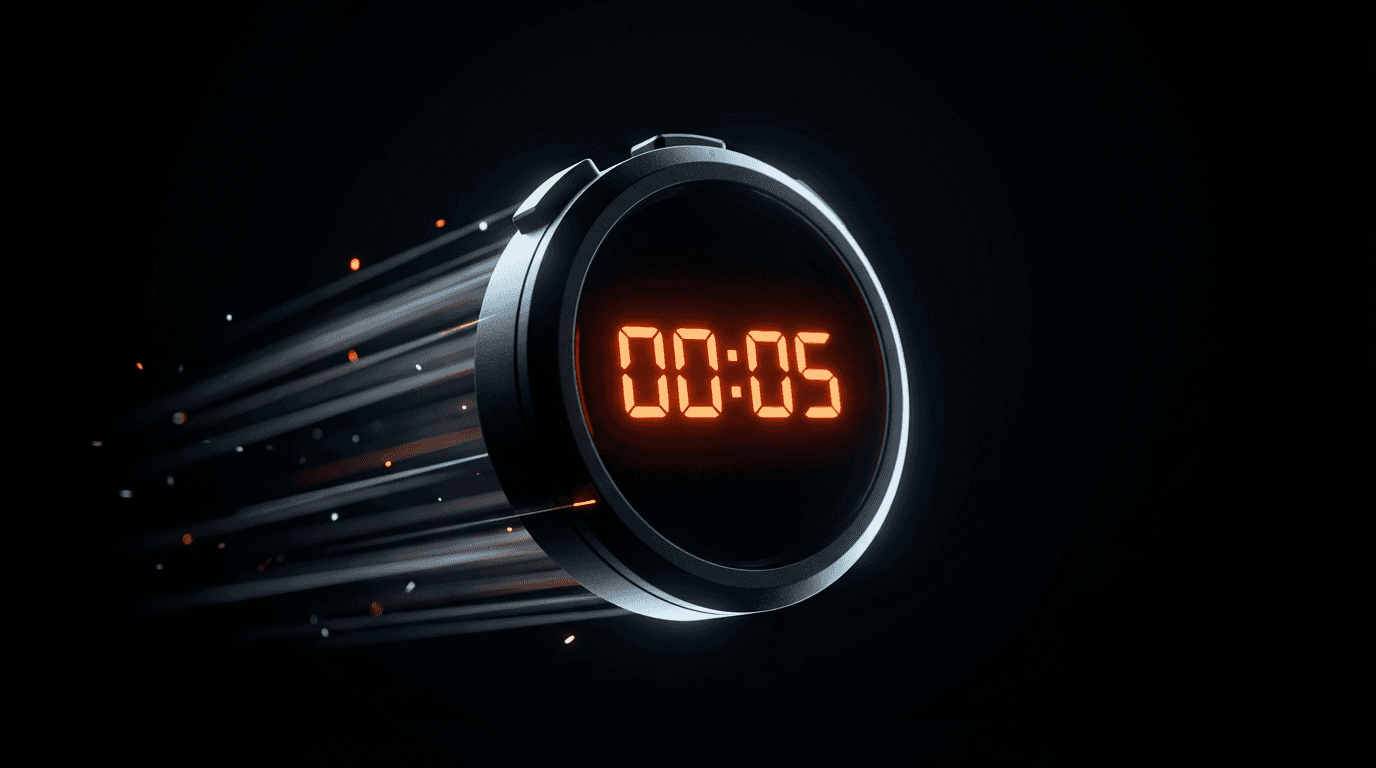 Animated timer with the number "00:05" glowing orange. Motion blur effect suggests speed and countdown.