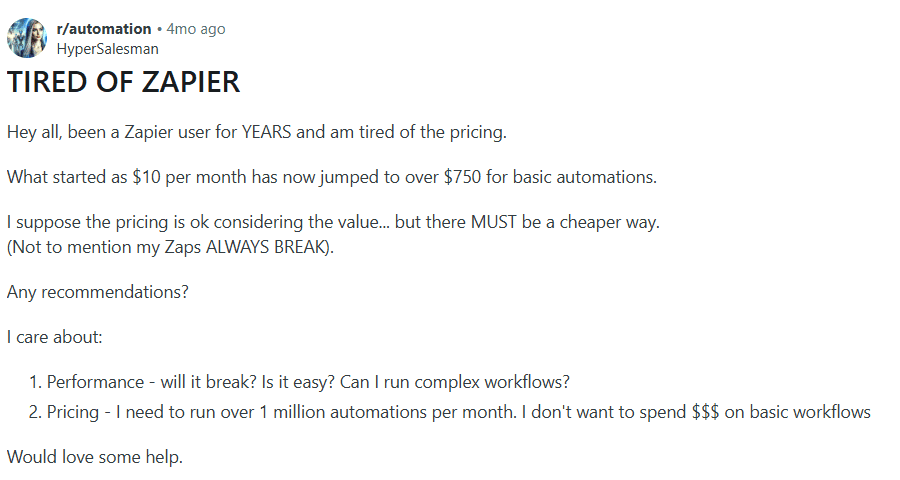 Zapier Challenges on Escalting Costs