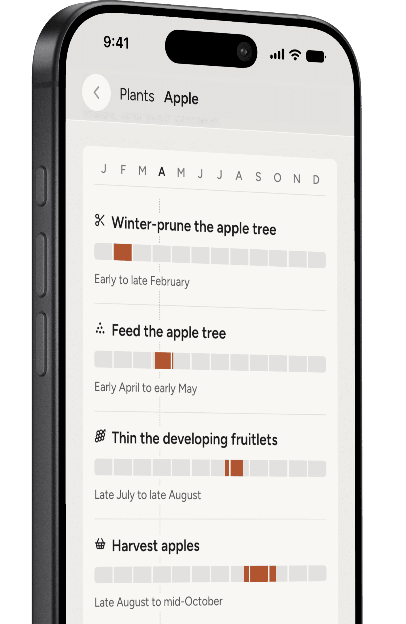 Garden care timeline on a phone