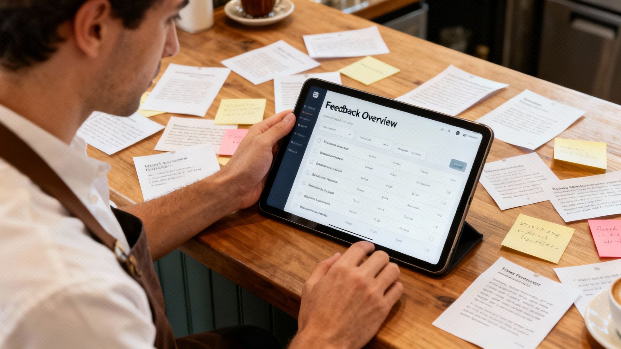 A person in an apron reviews customer feedback on a tablet, surrounded by handwritten notes.