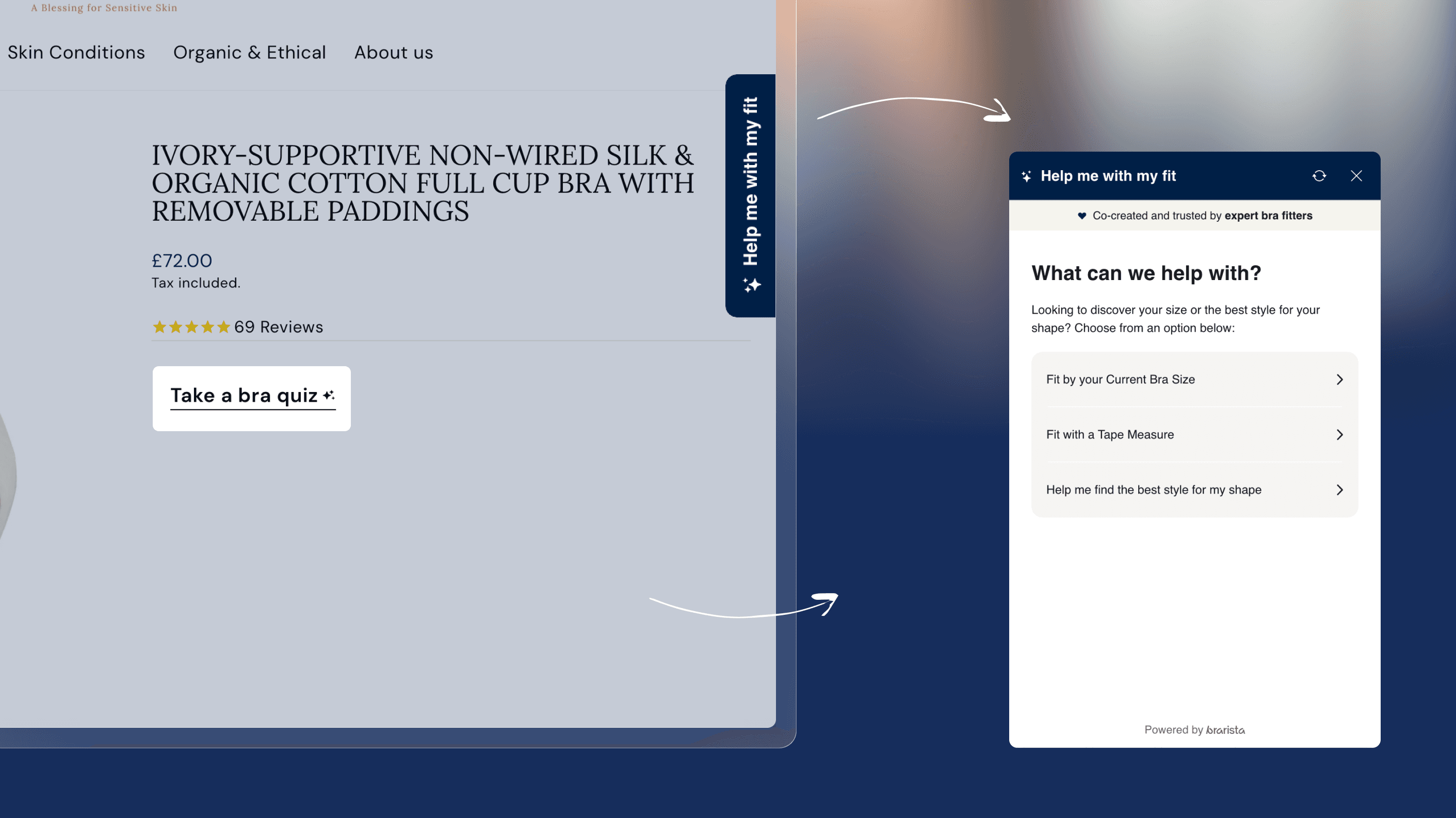 Brarista's sidebar quiz on the Juliemay site, accessible via the sidebar and the "Take a bra quiz" prompt above size selection.