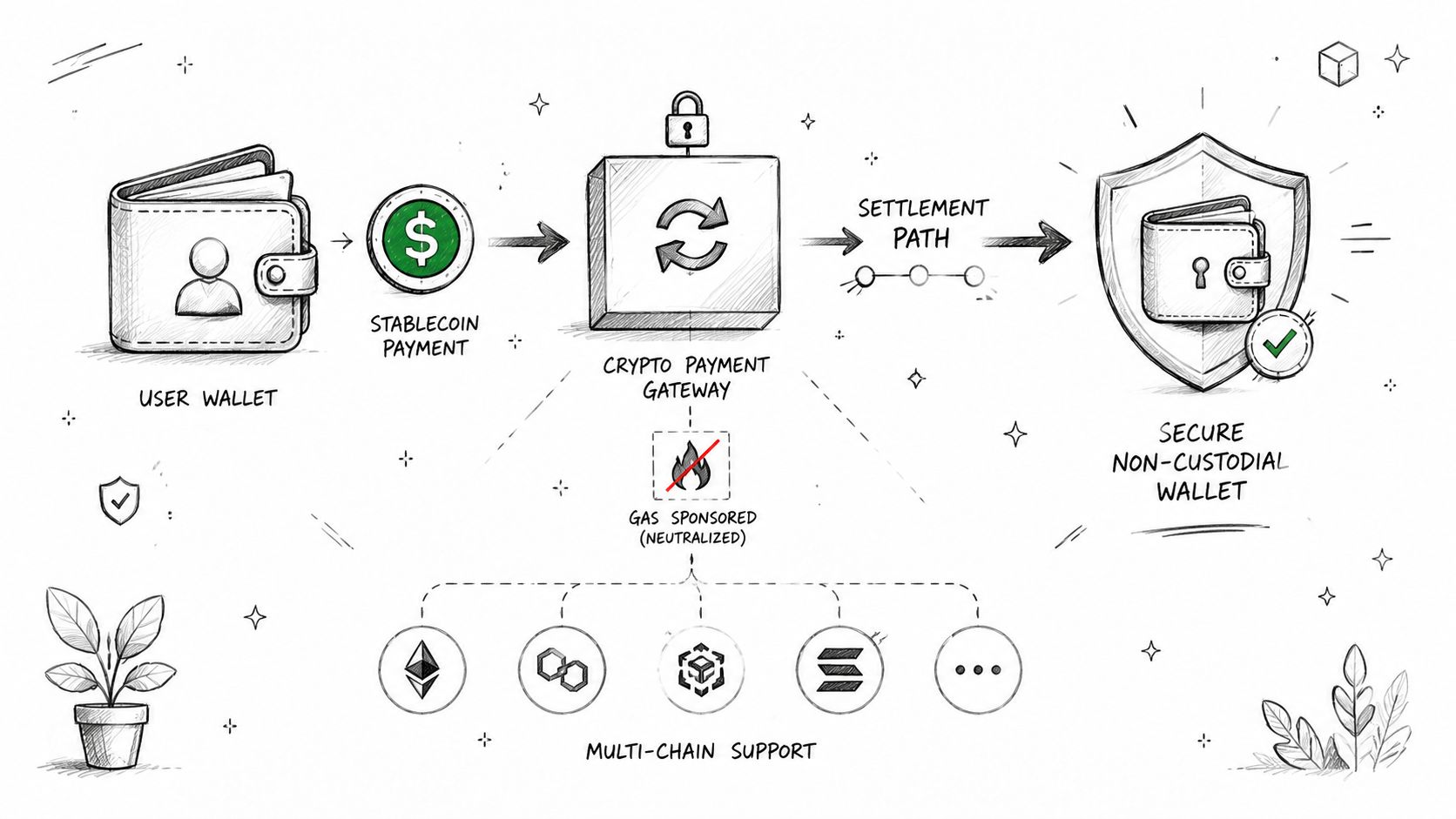A hand-drawn flowchart illustrating a crypto payment process from a user wallet through a gateway to a secure wallet.