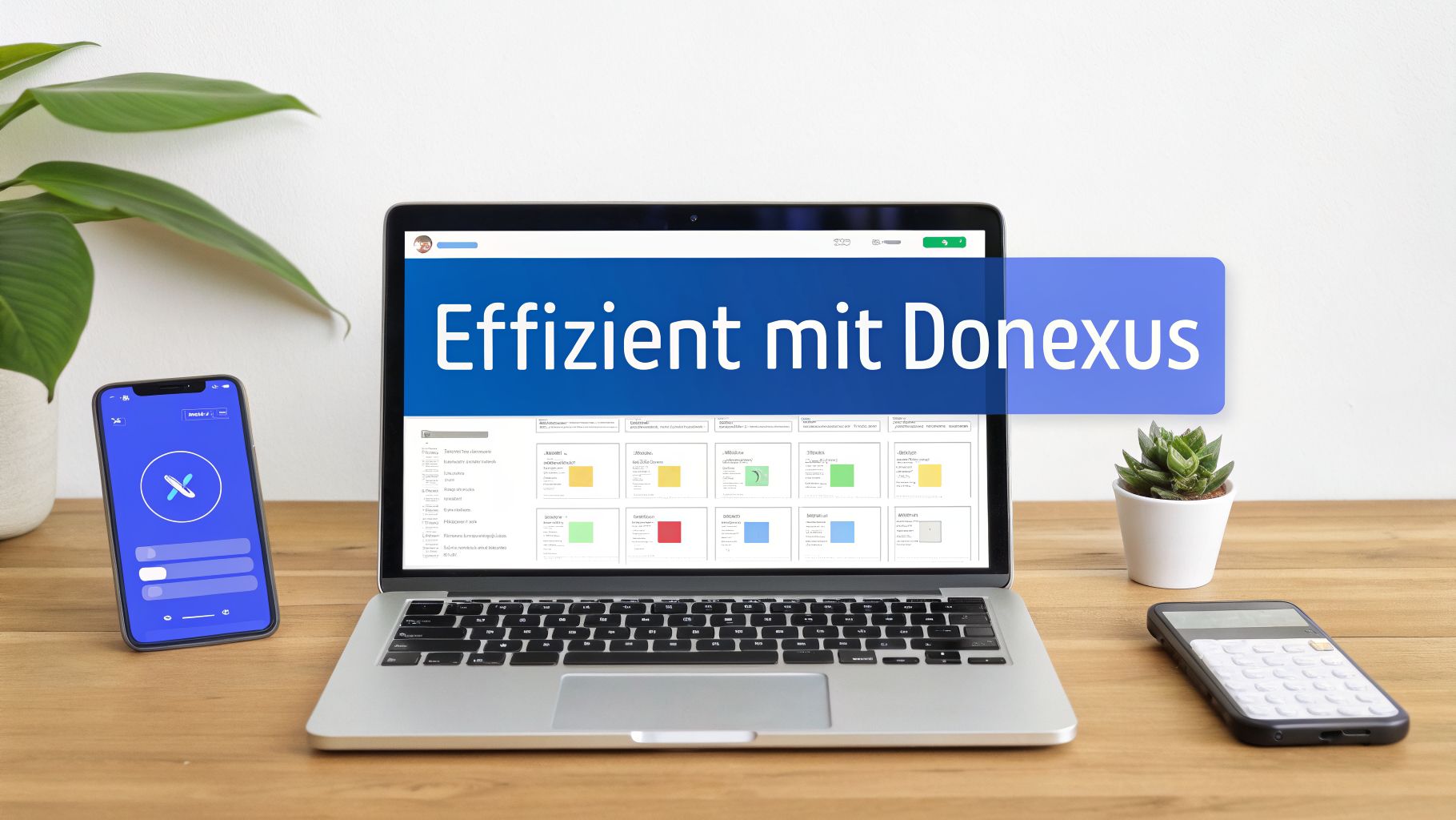 Ein Schreibtisch mit Laptop, Smartphone, Rechner und Pflanzen. Ein blaues Banner mit 'Effizient mit Donexus' überlagert den Bildschirm.