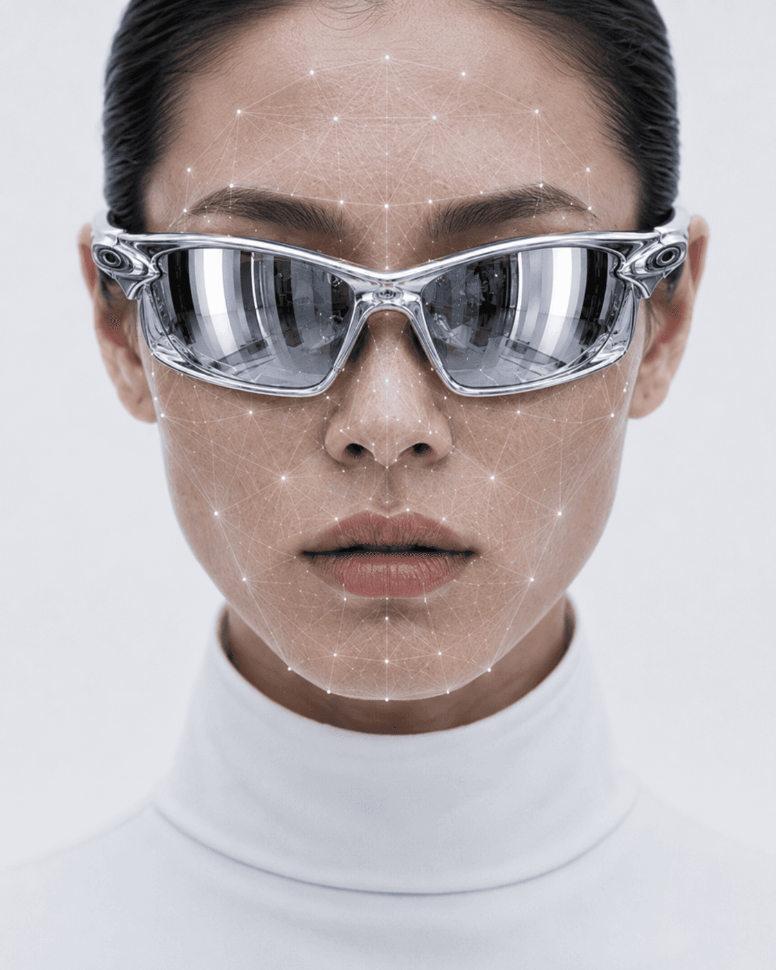 Facial mapping grid overlaid on a woman's face wearing mirrored Oakley Performance Eyewear
