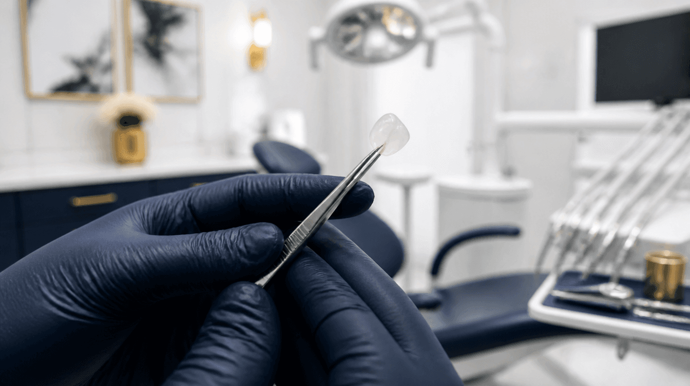 Dentist holding a porcelain veneer with forceps under operatory light at a Smyrna dental practice