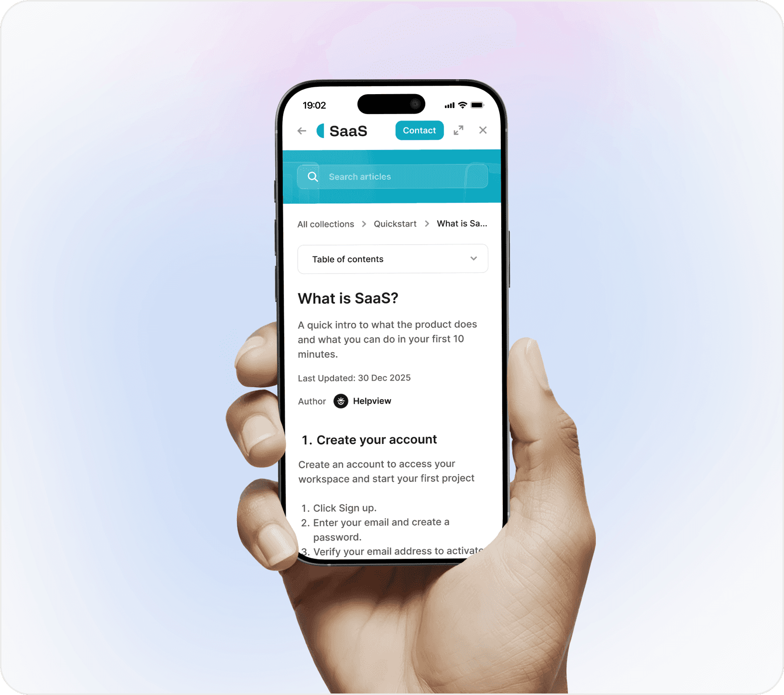Mobile SaaS help center article viewed on a smartphone using Helpview.