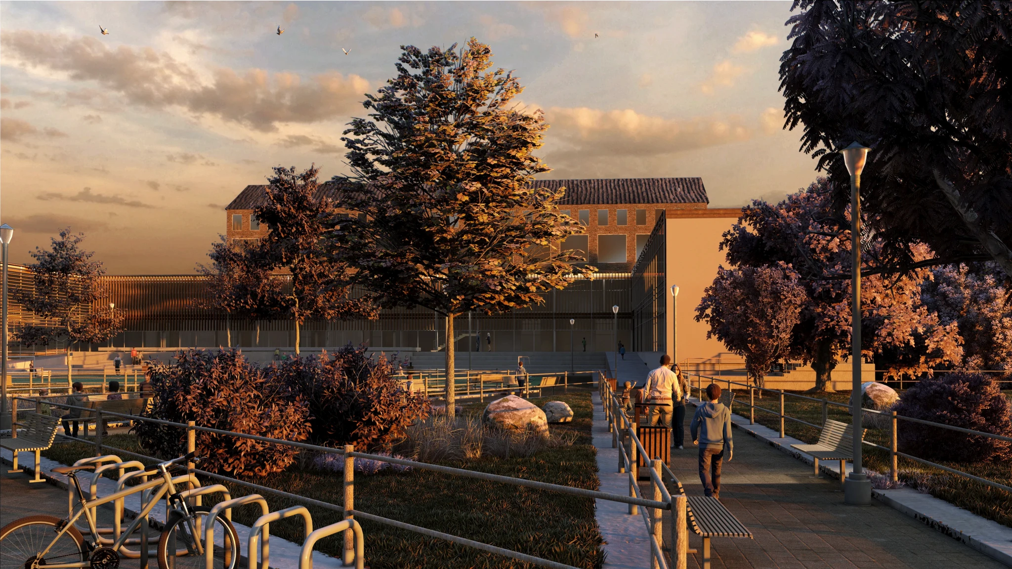 A building with a bike rack and trees in front, providing a convenient and green space for cyclists.