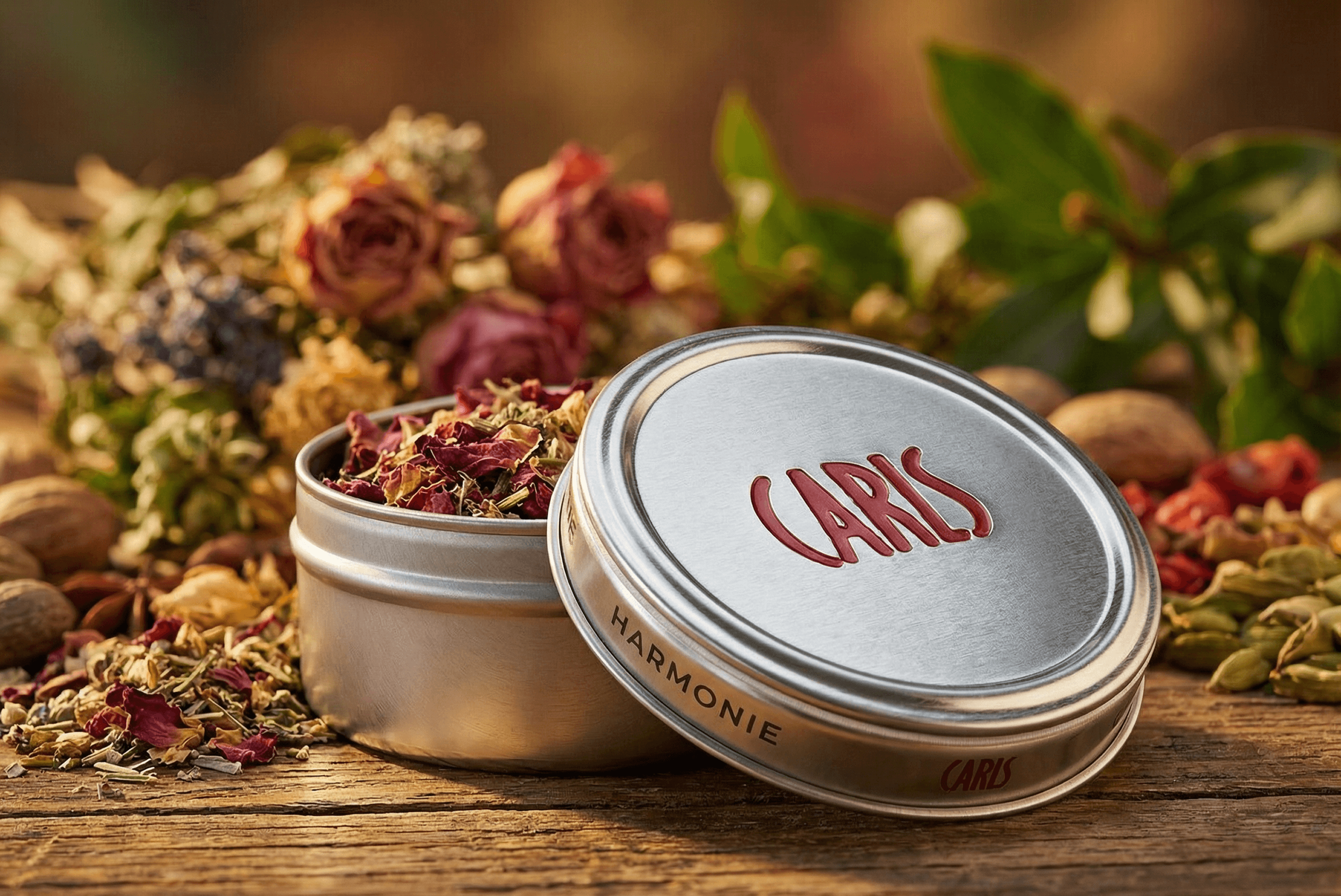 CARIS tin filled with dried petals and herbs
