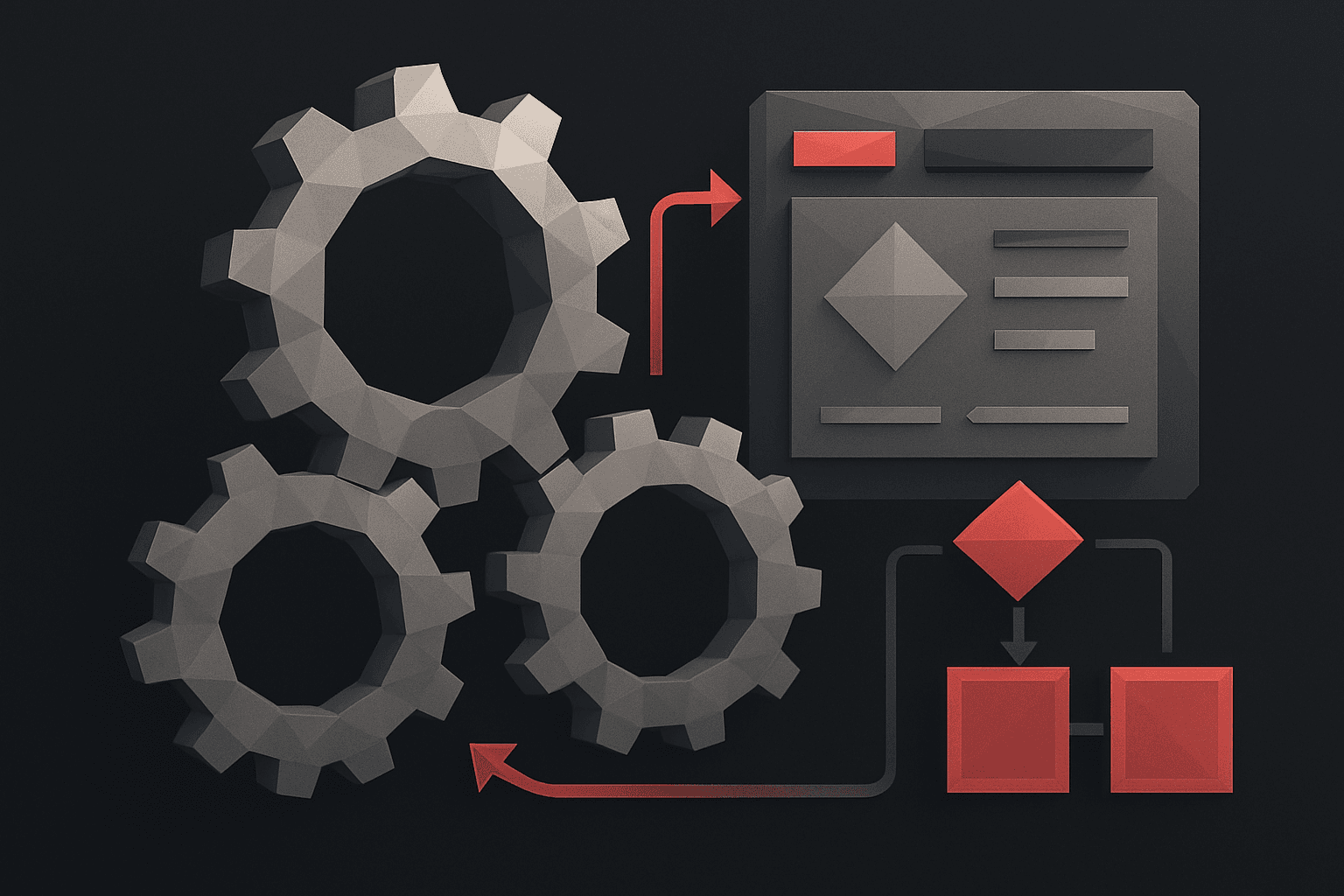 Stylized mechanical gears and UI diagrams symbolizing system integration, automation, and workflow processes