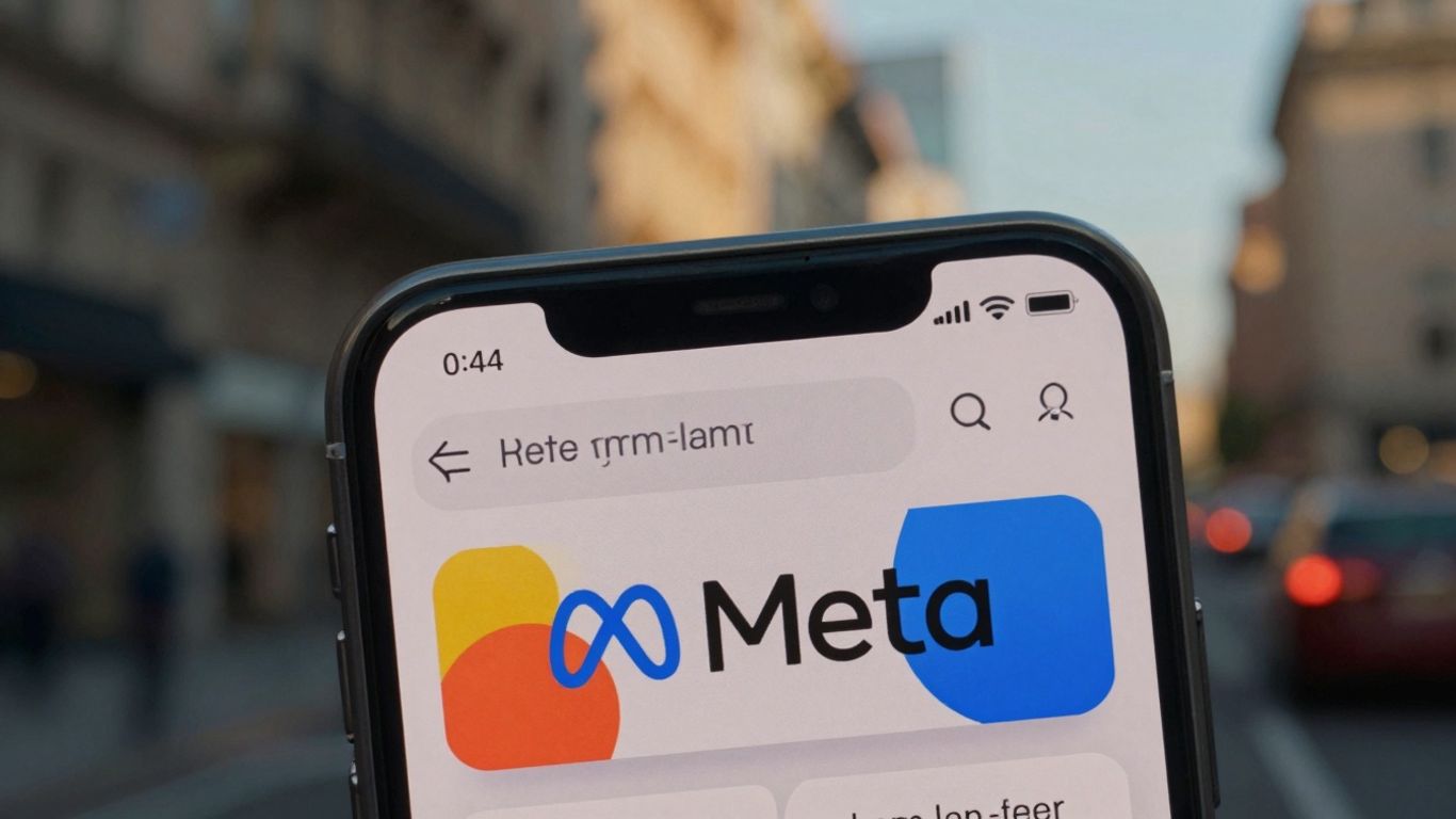 Meta ad on a phone with a city background.