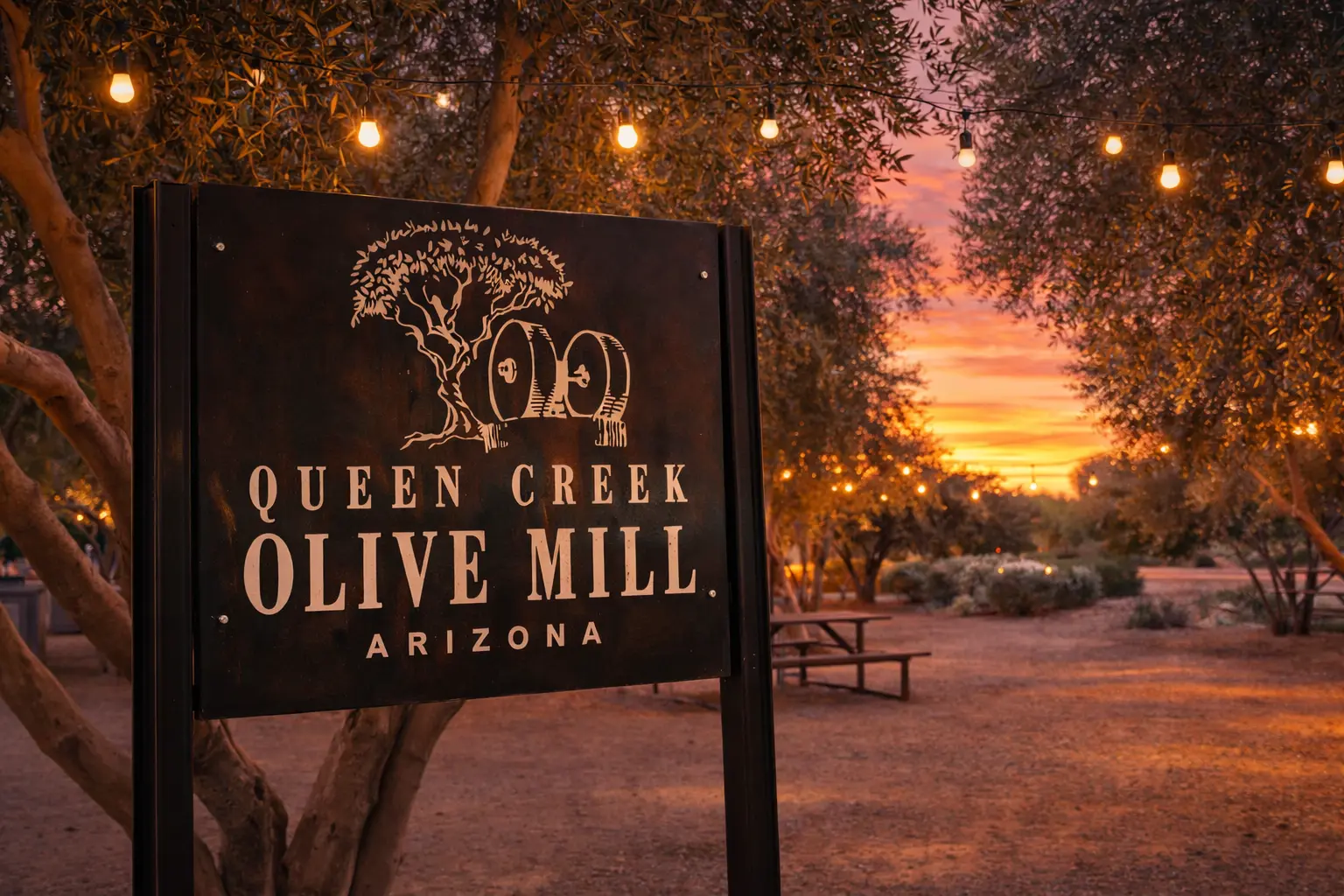 The iconic Queen Creek Olive Mill sign at sunset with bistro lighting.