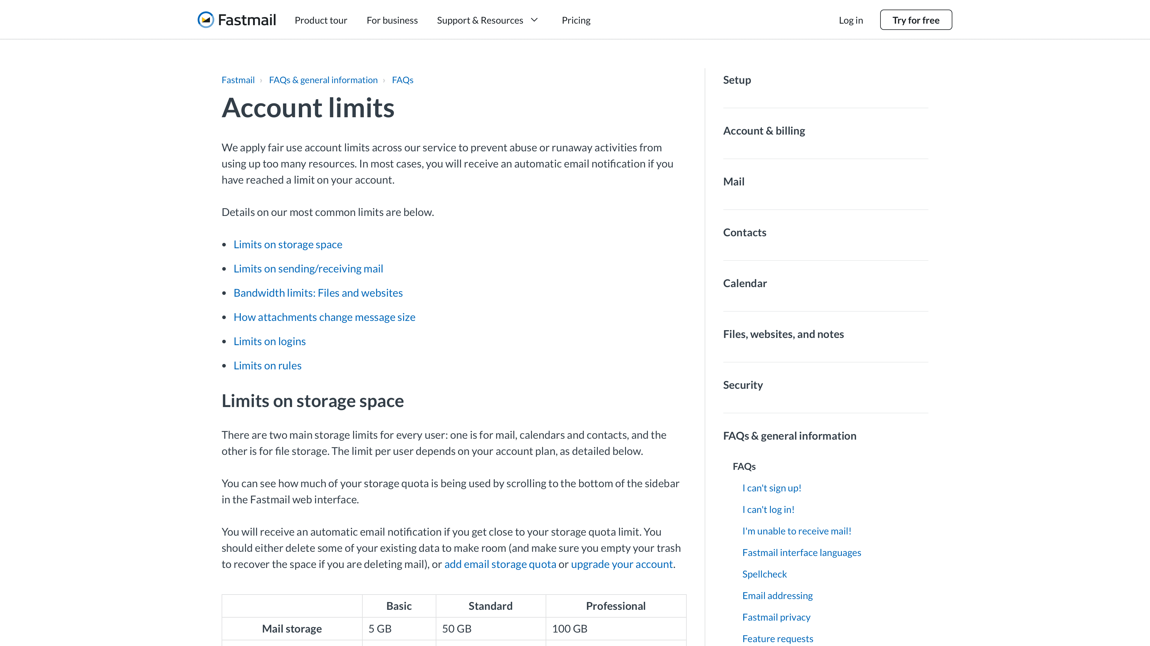 Fastmail account limits help page documenting daily sending quotas by plan tier