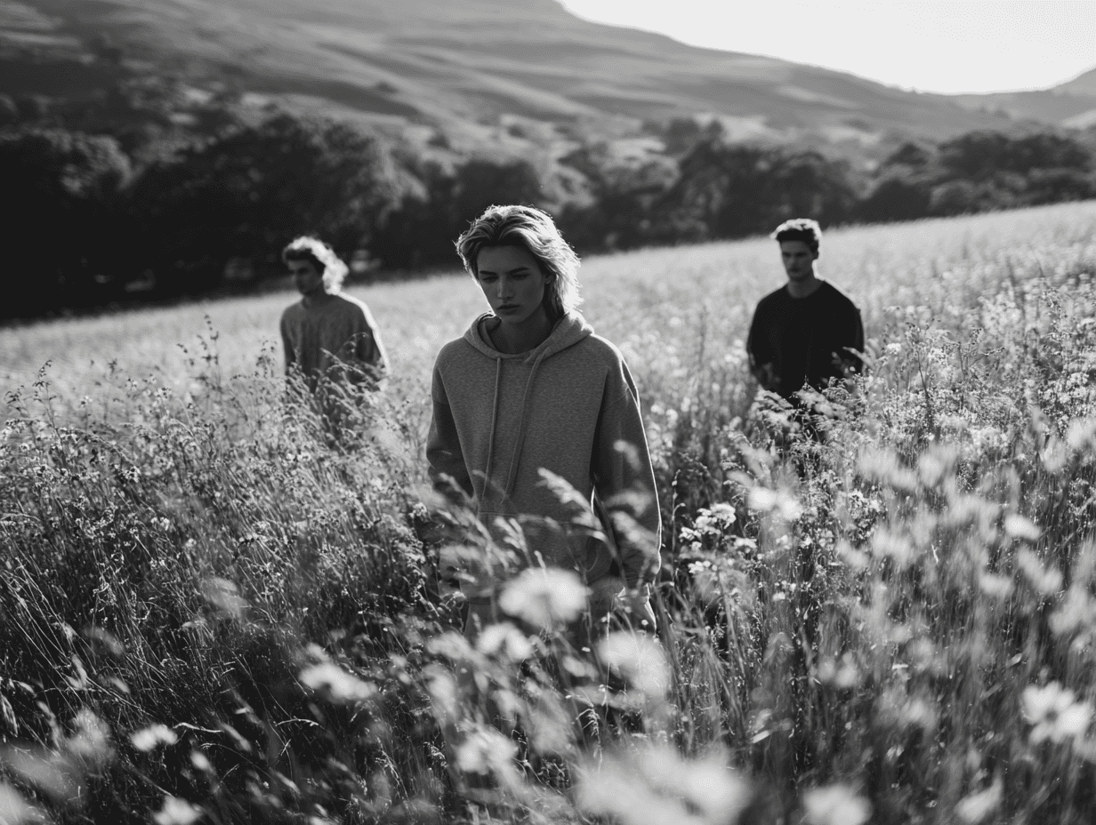 Black and white photo of two people looking at a computer screen with papers on wall