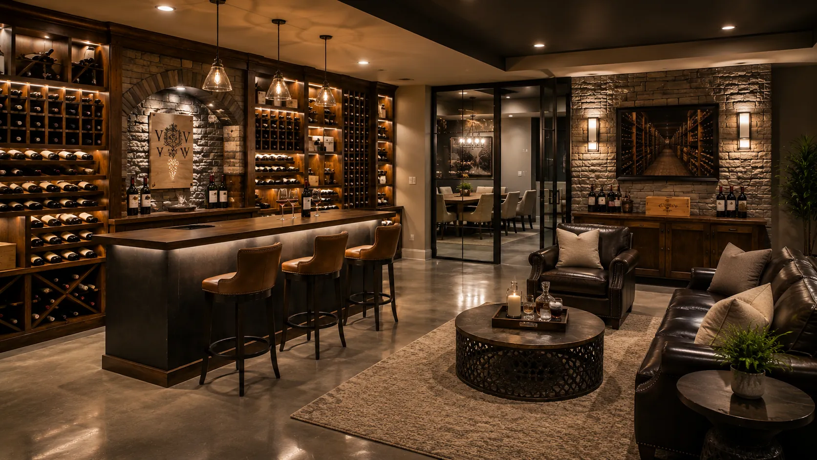 Contemporary wine cellar basement with illuminated wine display racks, tasting bar with leather seating, glass doors, stone accent wall, round wooden table, and pendant lighting design.