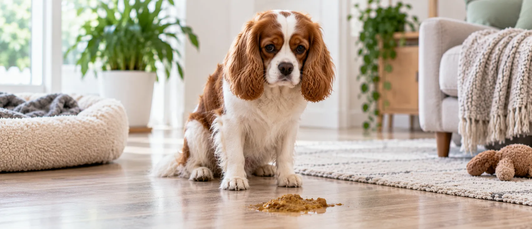 Cavalier King Charles Spaniel standing beside a loose stool on the floor.