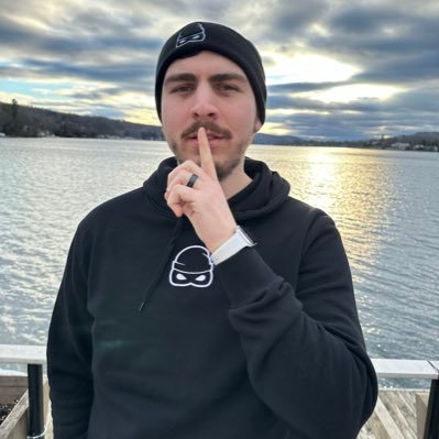 Thiefs’s X profile avatar: a black-hooded figure in a beanie shushing in front of a lake and cloudy sky.