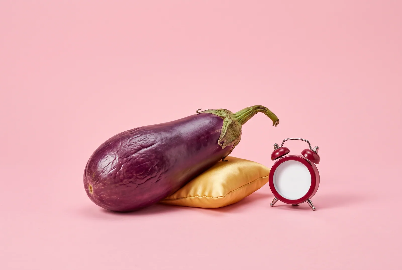 Gooning addiction effects: a wrinkled, drooping eggplant resting on a tiny pillow beside a numberless alarm clock on a pastel pink backdrop