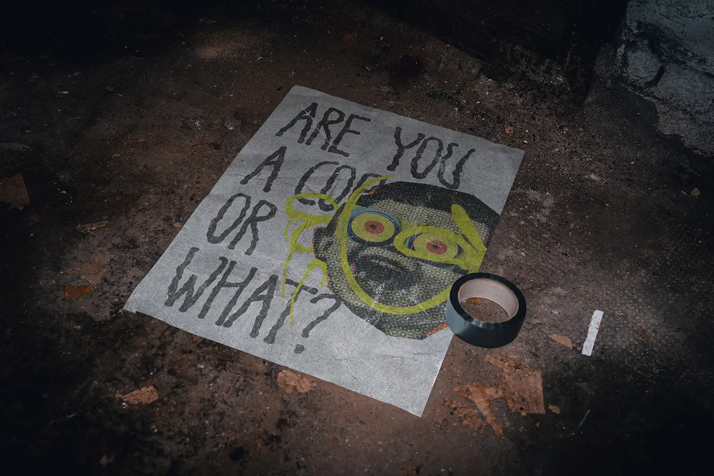 Basement A2 poster mockup with grunge style poster placed loosely on floor