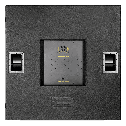 Black speaker cabinet with two handles and a central jack panel.