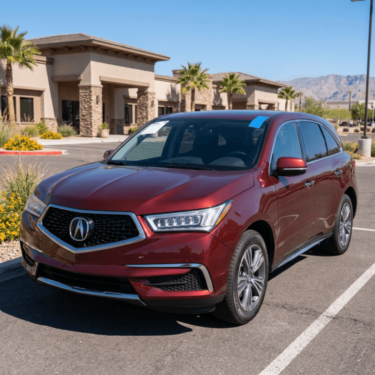 Red Acura MDX with a crisp replacement windshield parked on a quiet Prescott Valley, Arizona street