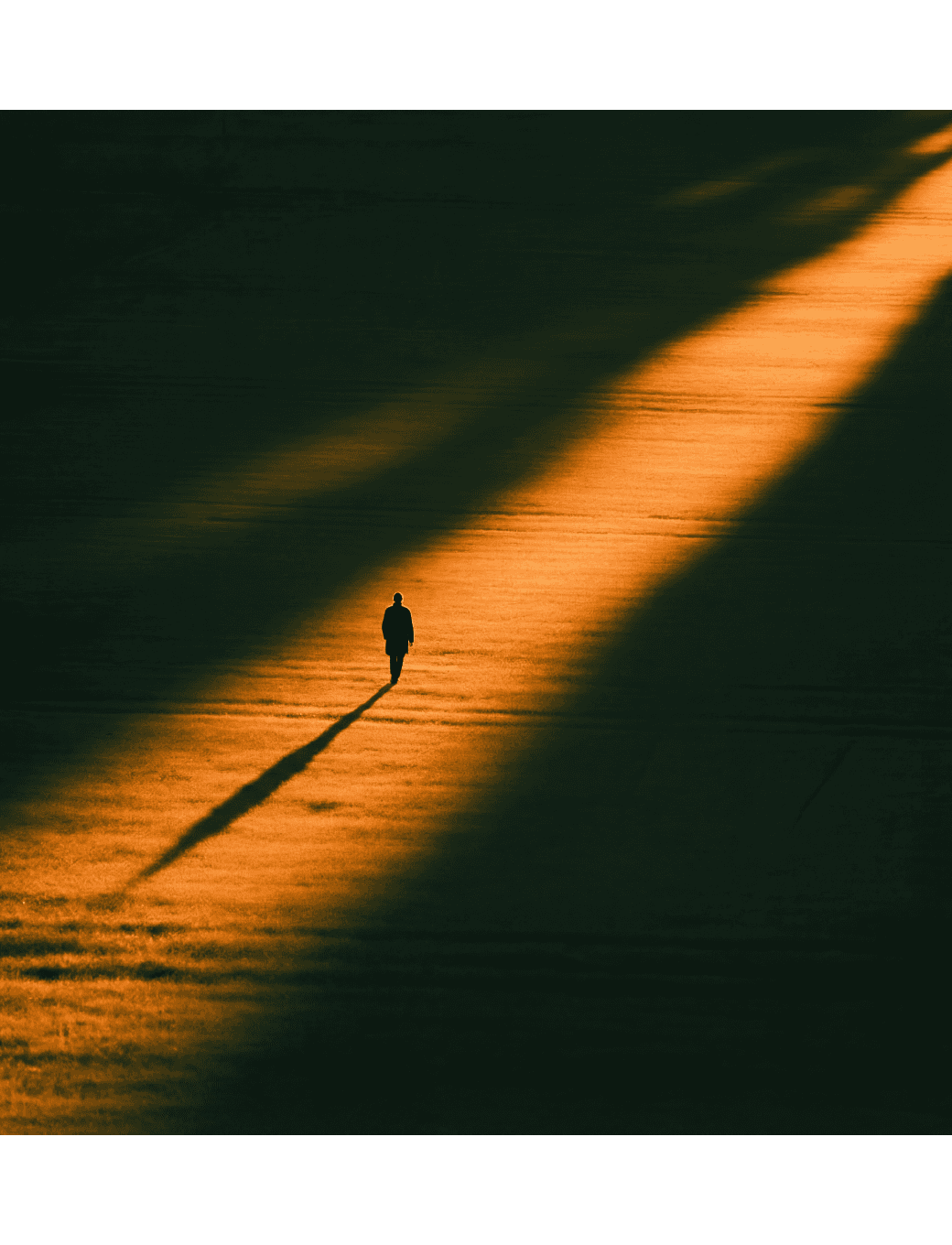 Minimal silhouette of a person casting a long shadow on a textured surface.
