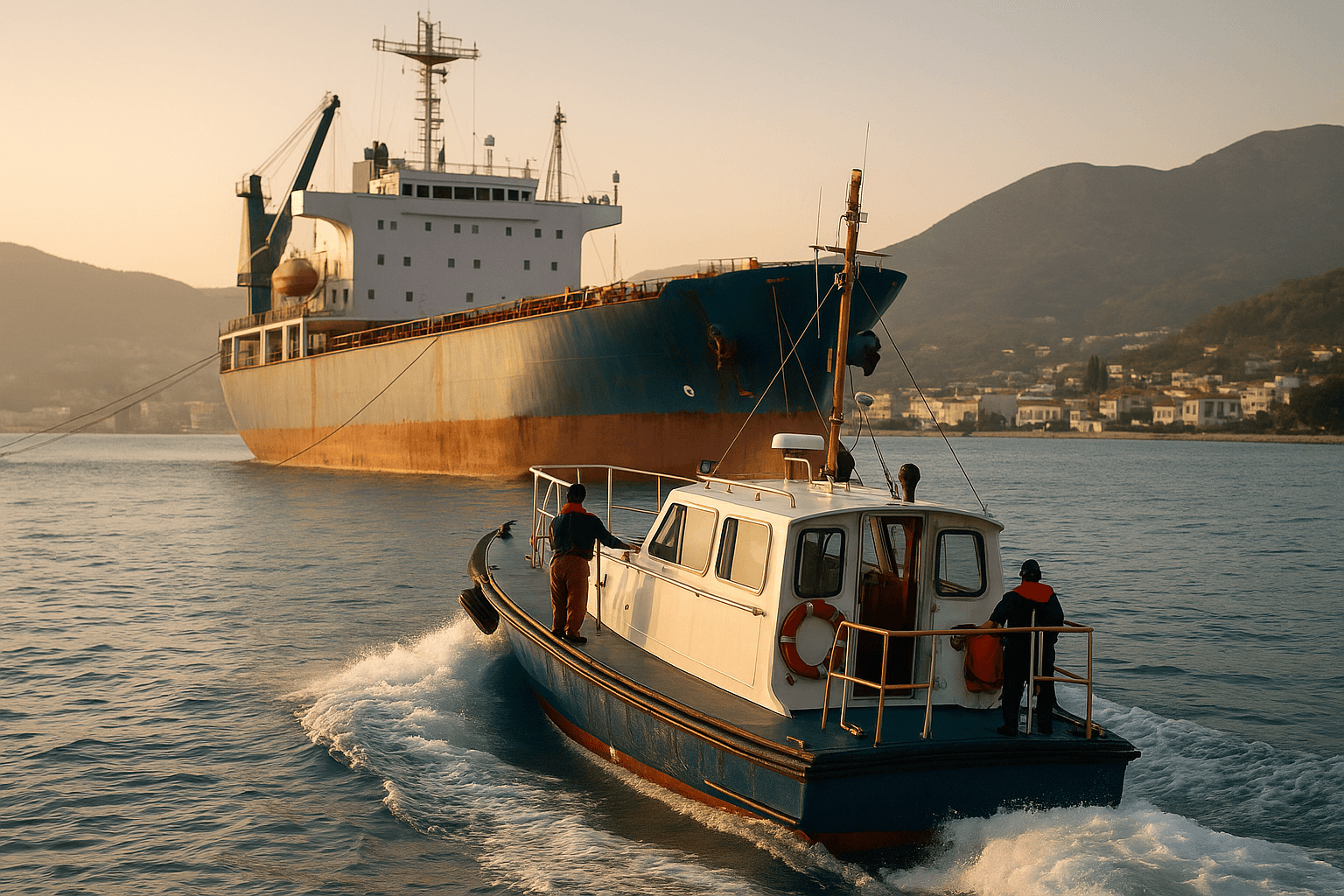 A small boat approaches a large cargo ship in a calm sea during sunset, surrounded by mountains.