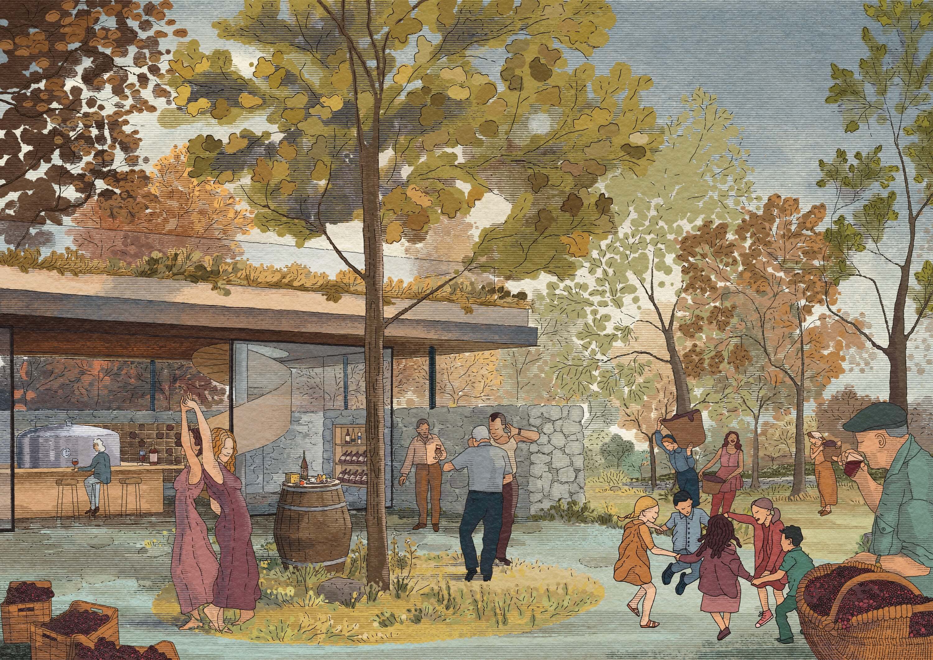A lively scene with people in traditional attire, gathered outdoors near a building and surrounded by trees.
