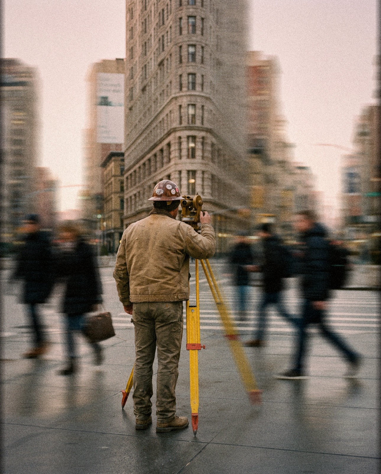 Een landmeter meet bij het Flatiron Building, de ochtendspits loopt om hem heen
