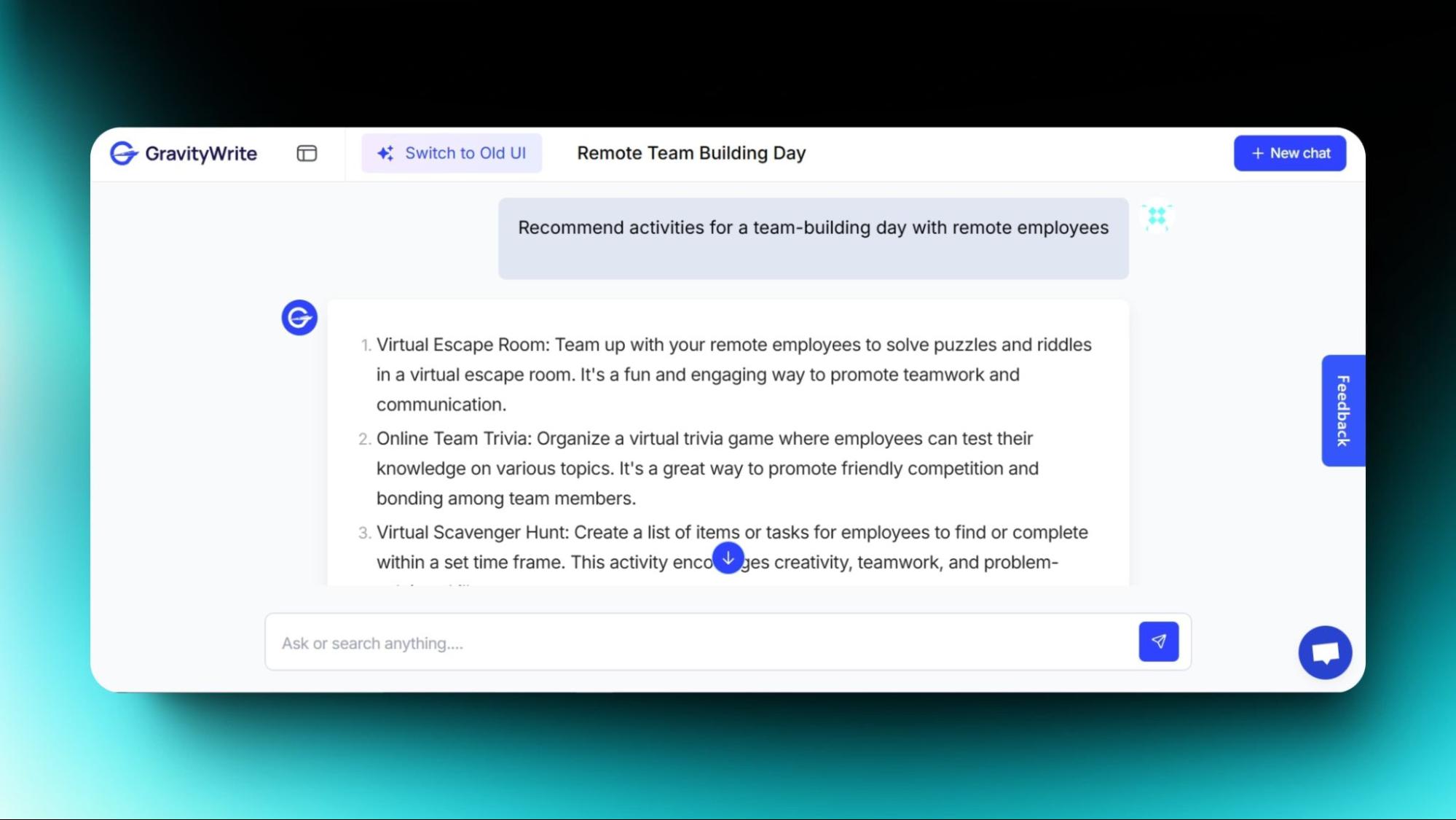 Screenshot of GravityWrite chat suggesting remote team activities like virtual escape room, online trivia, and scavenger hunt ideas.
