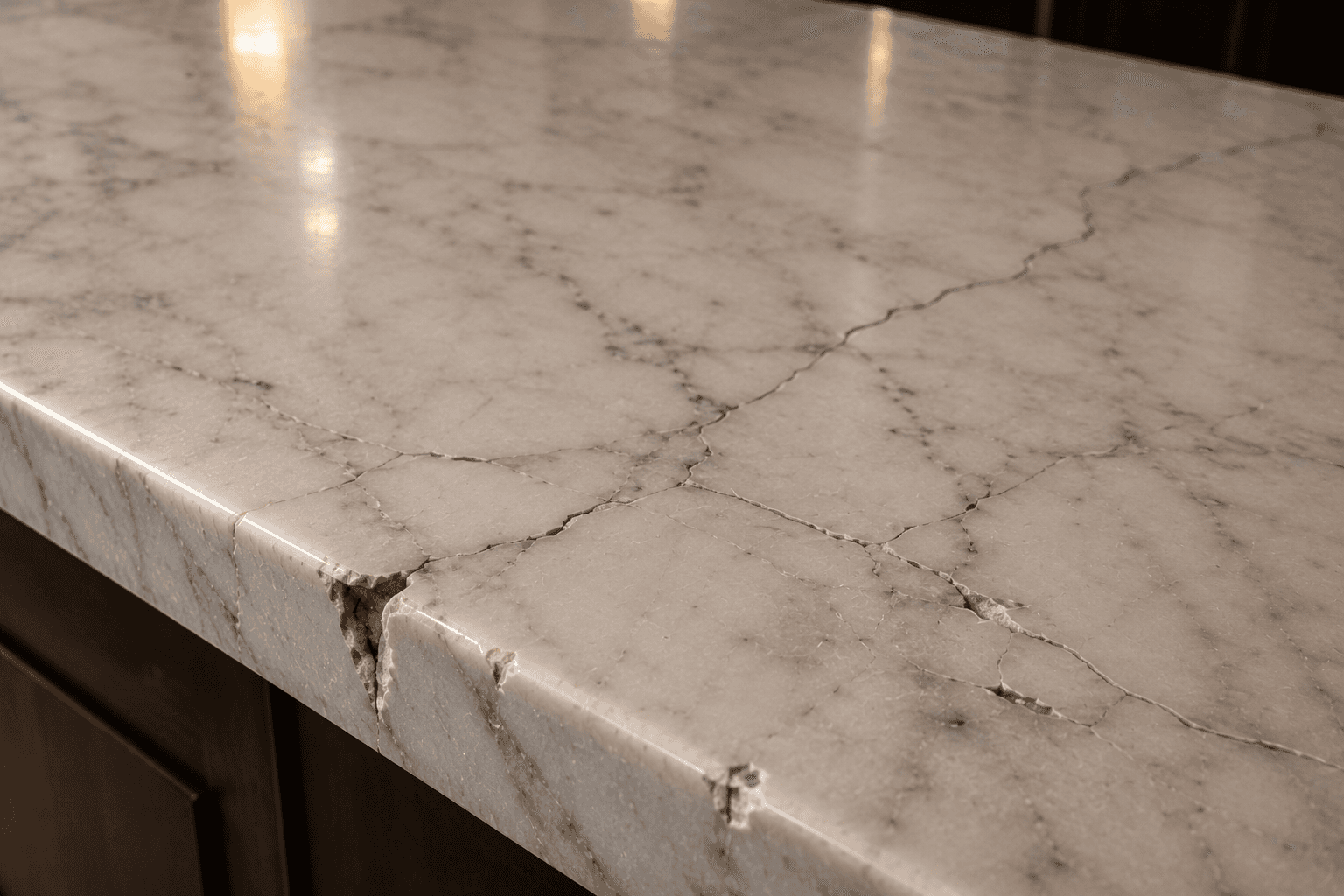 Cracked and chipped residential marble surface.