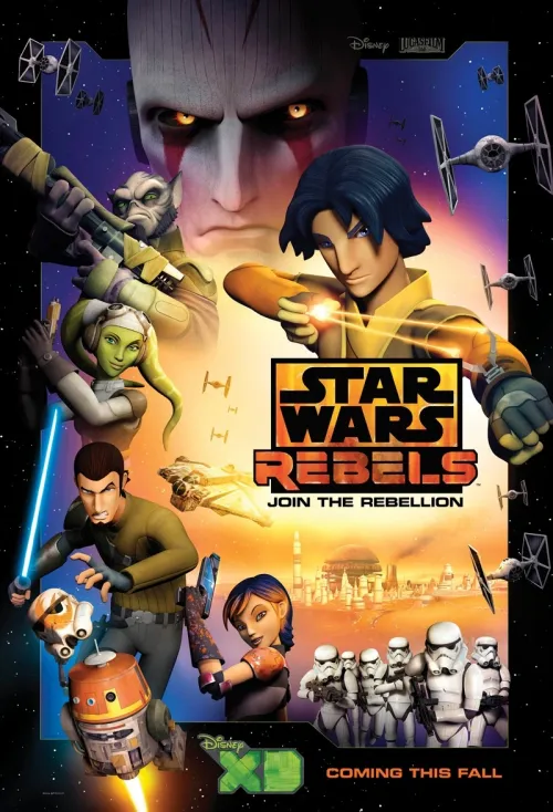 Star Wars Rebels poster featuring Ezra Bridger, Zeb, Hera Syndulla, Kanan Jarrus, Chopper, and Sabine Wren