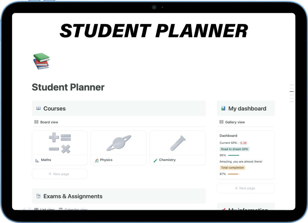 Notion student dashboard - track GPA, exams, and course progress in one place