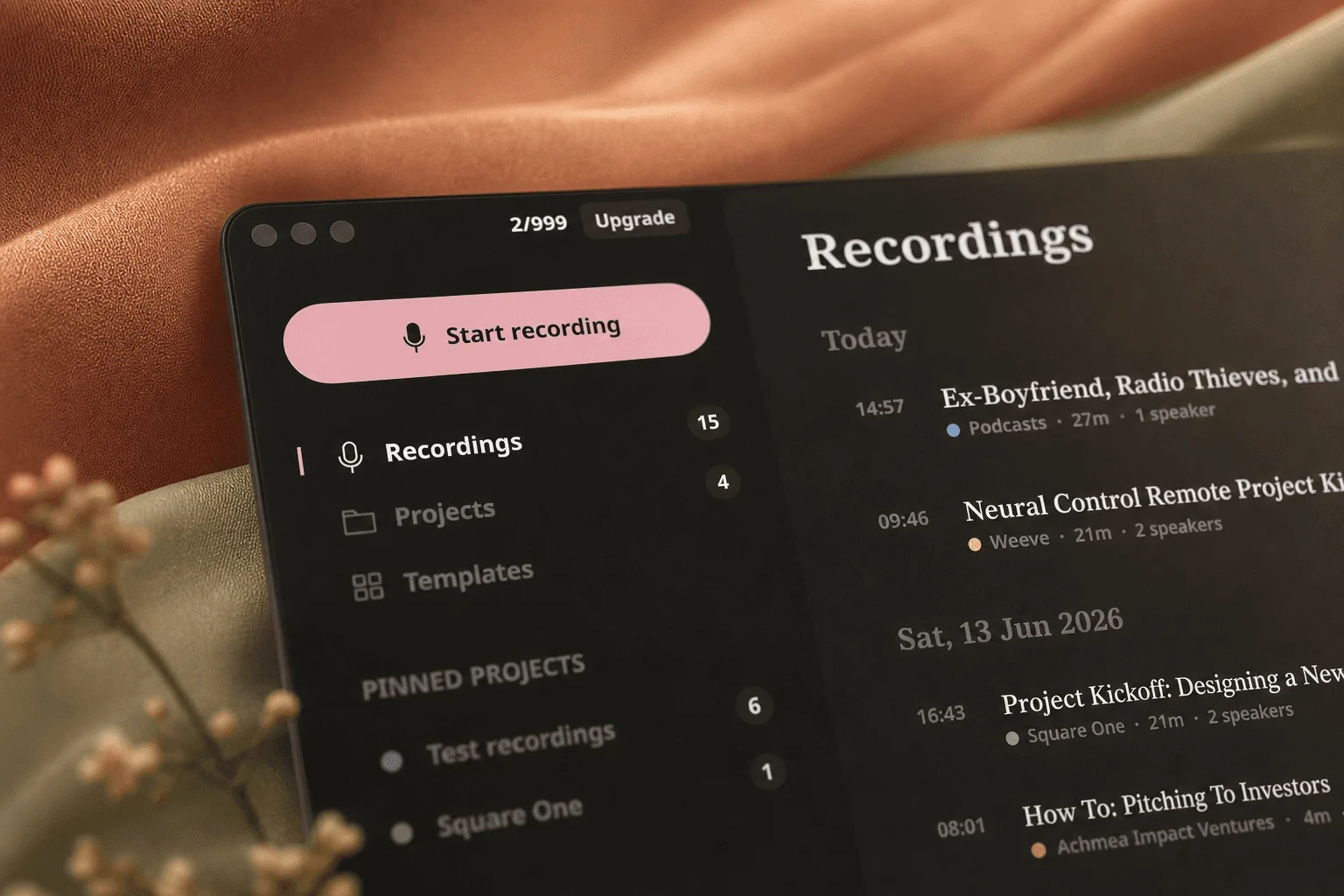 The Weeve app on a Mac showing a local library of recordings with speaker counts and durations