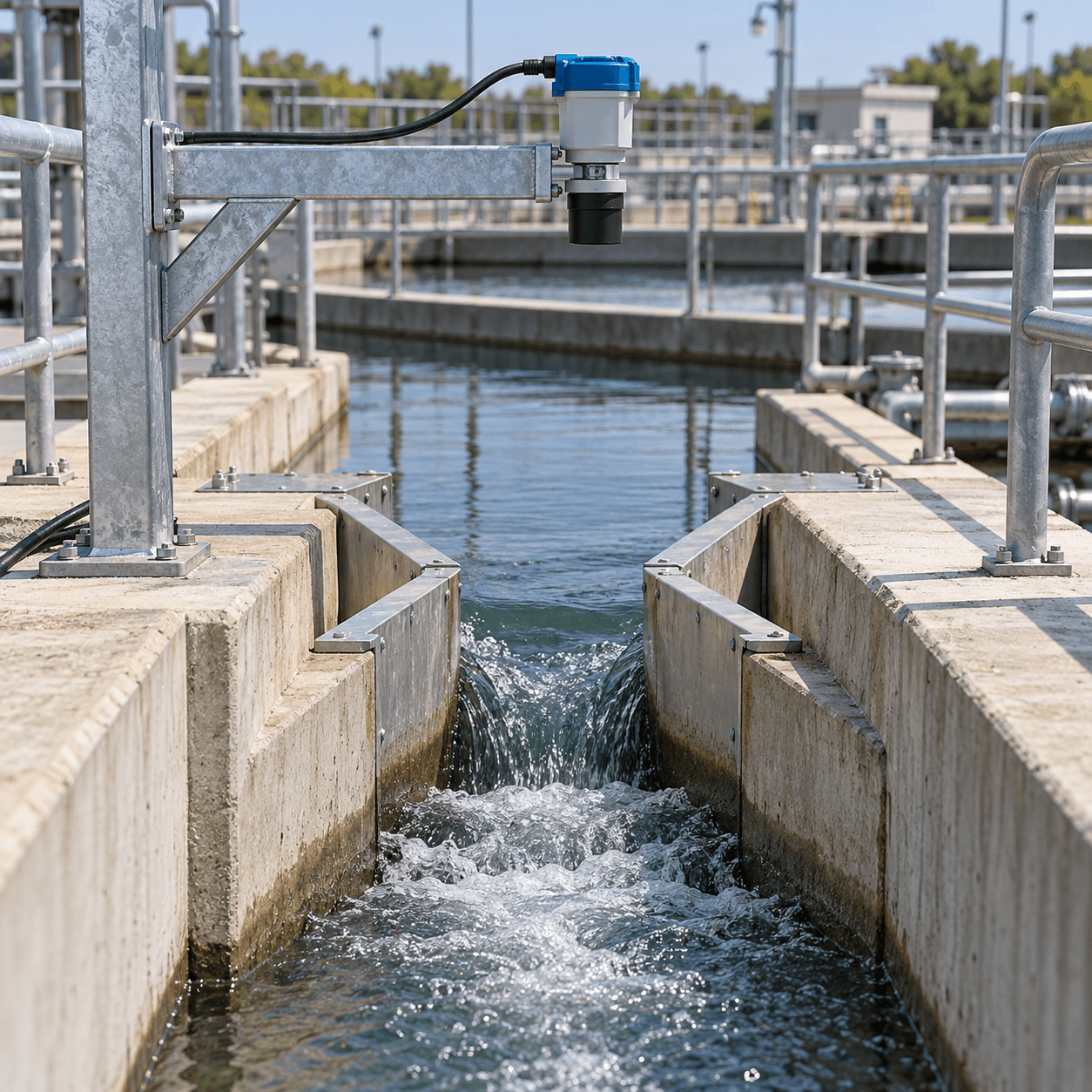 Ultrasonic level sensor mounted above an open-channel flume at a water treatment plant