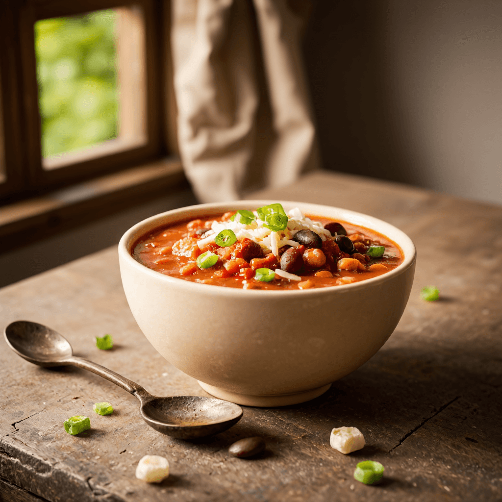 product photography of a bowl of spicy stew with various ingredients