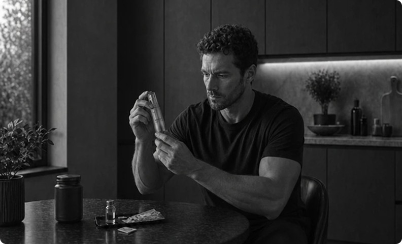 Man preparing an injectable at a kitchen table