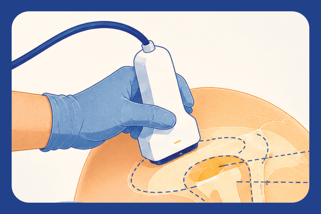 Illustration showing a gloved hand holding an ultrasound probe against a patient’s body. The probe is connected by a cable, and dashed blue lines outline internal anatomical structures beneath the skin, including bones and joints. The image depicts the use of ultrasound to visualize musculoskeletal anatomy for medical assessment.