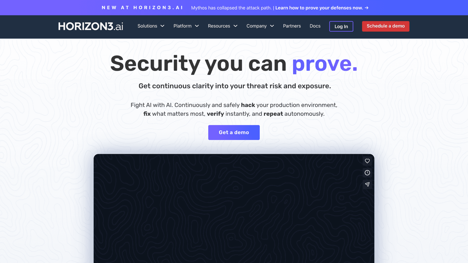 NodeZero by Horizon3.ai homepage, headline Security you can prove, subline Fight AI with AI, continuously and safely hack your production environment, fix, verify, and repeat, with a Get a demo button